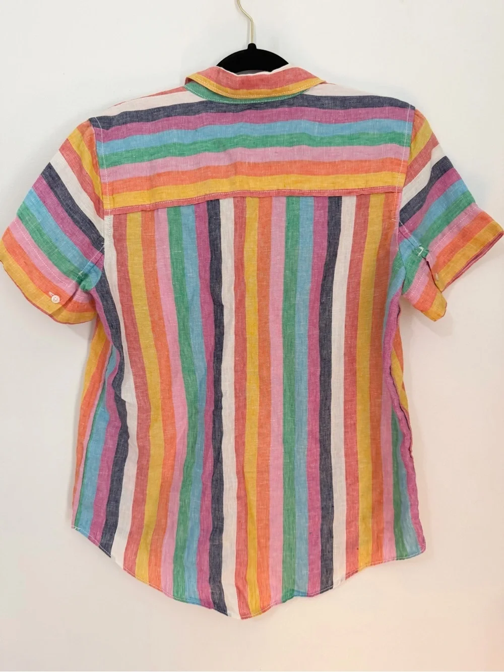 J Crew Short-sleeve linen popover top in rainbow stripe, size XS